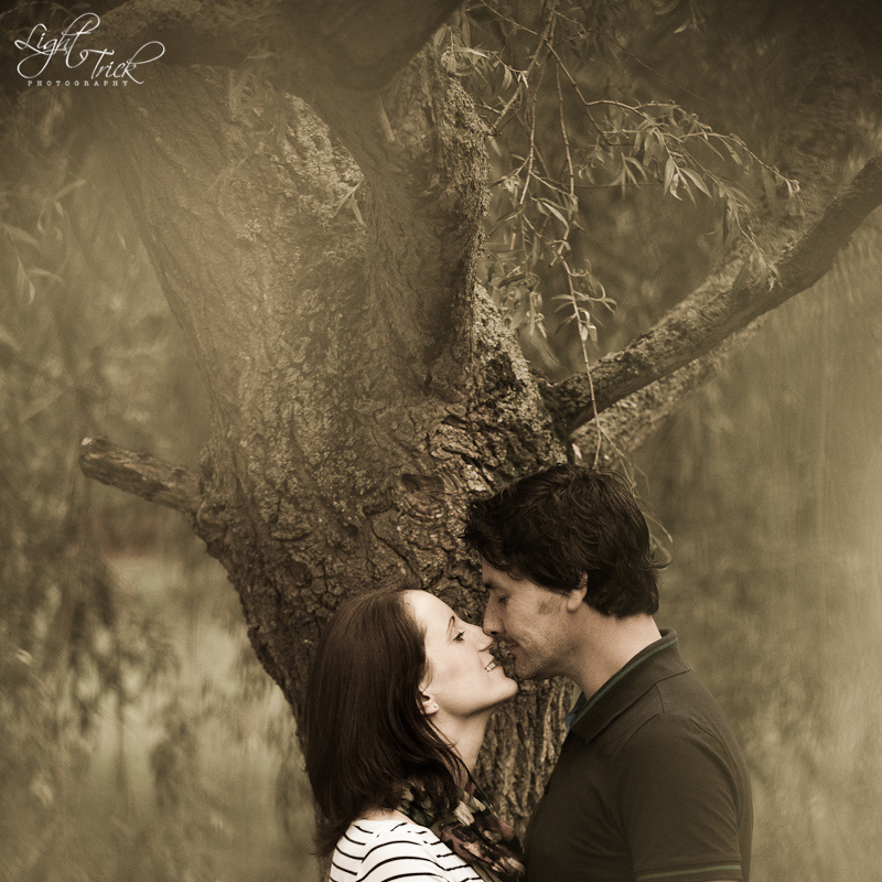 engaged couple under a weeping willow tree