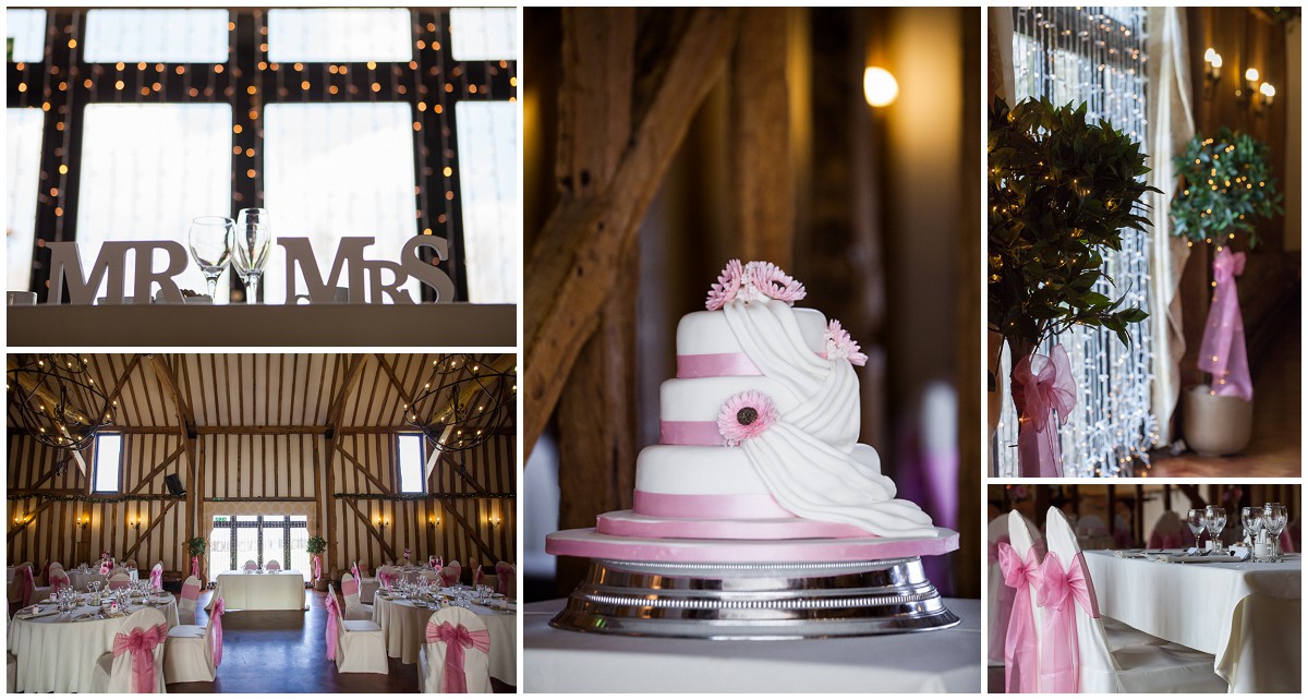 pink wedding cake and table decorations
