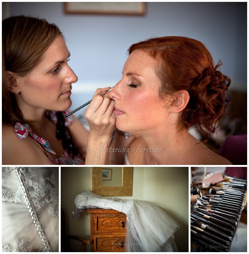 bride preparation make-up, wedding dress
