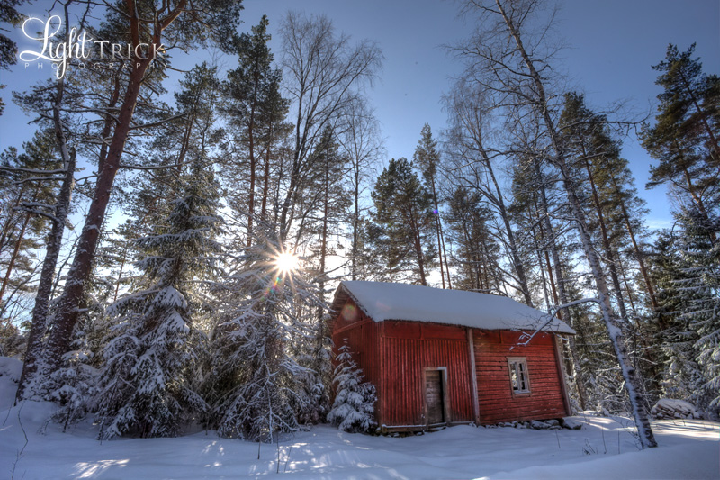 wooden red shed in the winter with snow and woods